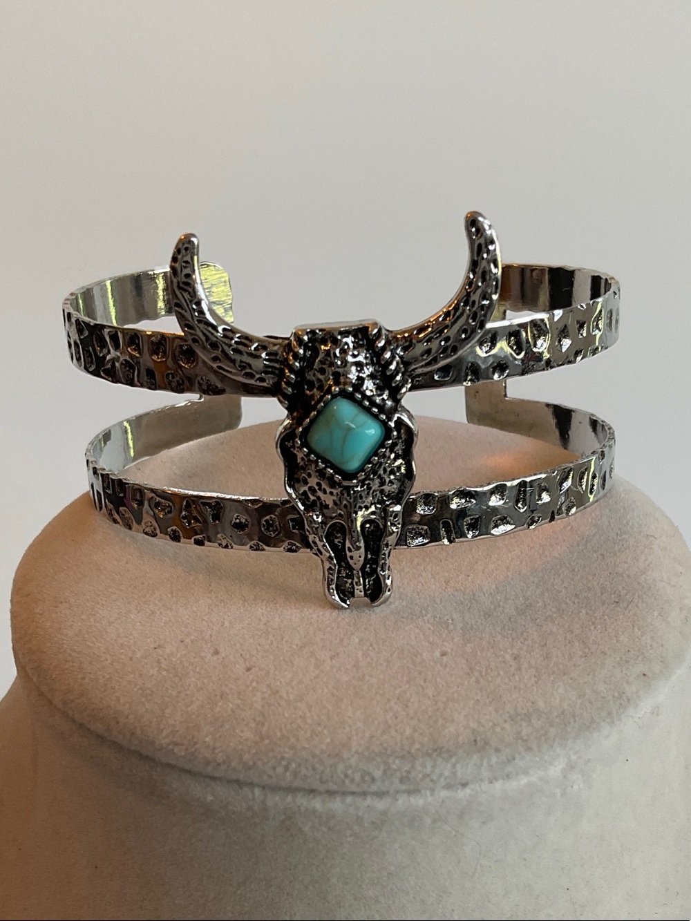 Turquoise Stone Bull Skull Double Cuff Bracelet